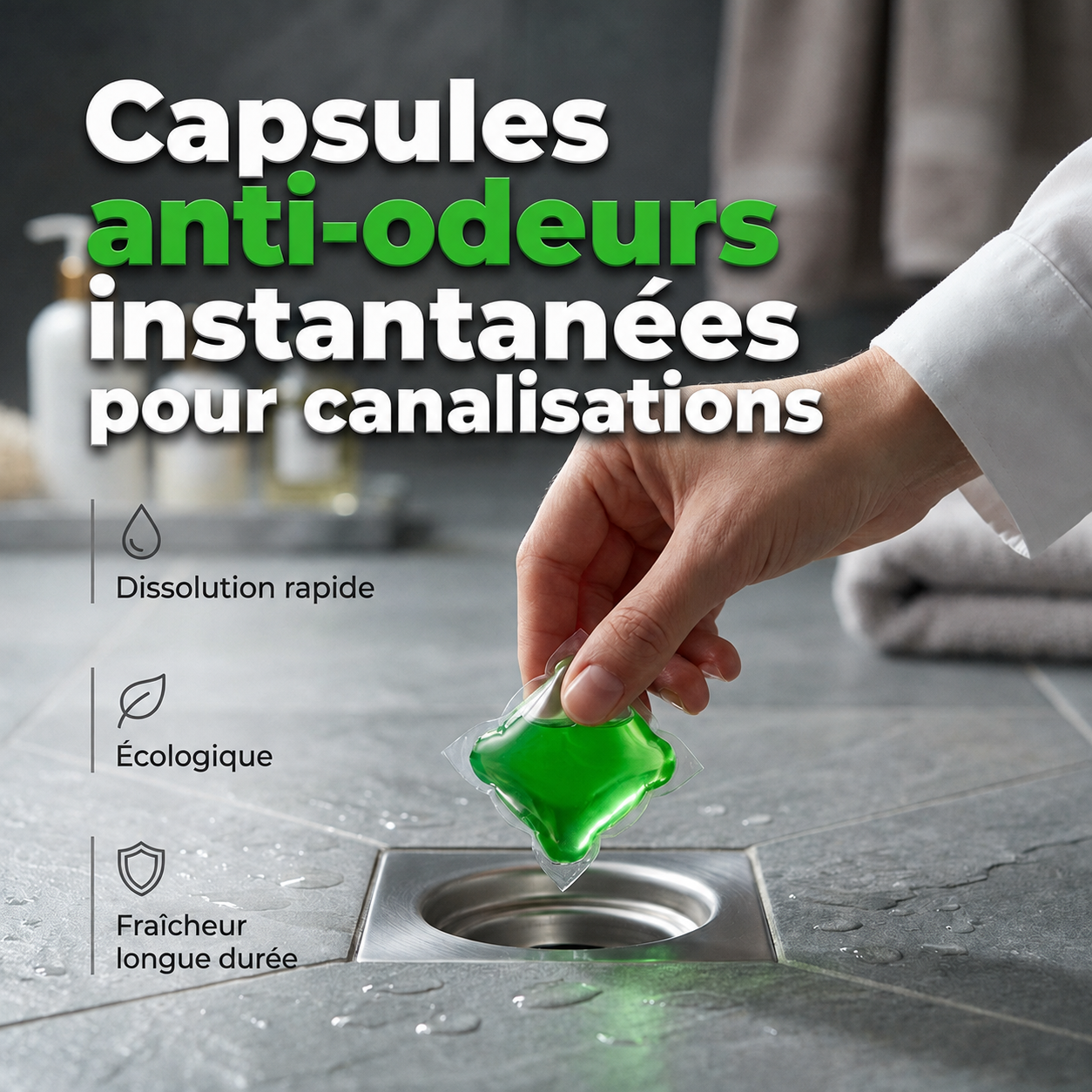 🏠💧 50 % DE RÉDUCTION ! Capsules anti-odeurs pour canalisations – Leur formule à base de bio-enzymes neutralise les odeurs à la source. Un parfum frais immédiat, sans produits chimiques agressifs. Dites adieu aux odeurs gênantes