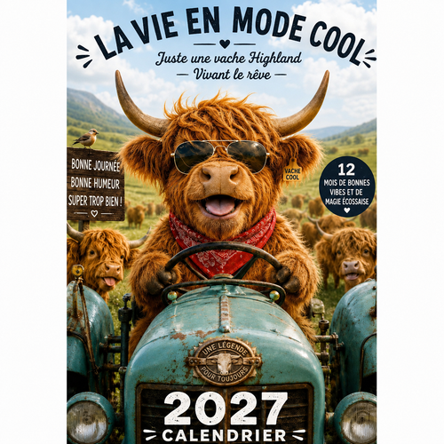 🐮 Calendrier mural 2027 – Drôles de vaches Highland