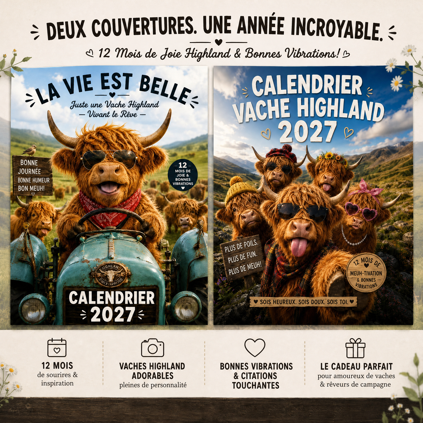 🐮 Calendrier mural 2027 – Drôles de vaches Highland