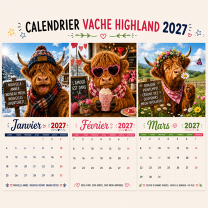🐮 Calendrier mural 2027 – Drôles de vaches Highland