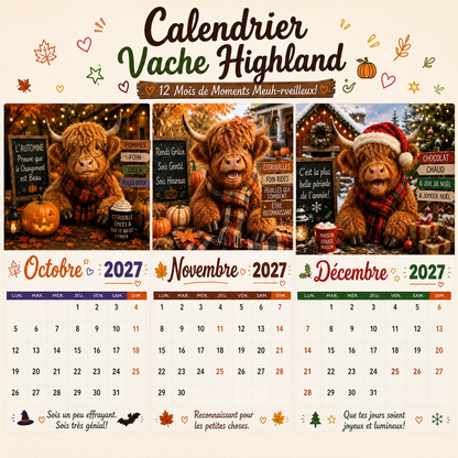 🐮 Calendrier mural 2027 – Drôles de vaches Highland