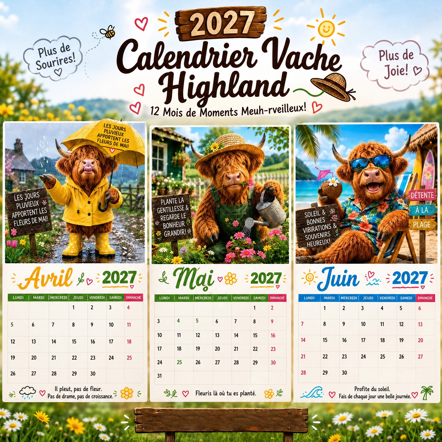 🐮 Calendrier mural 2027 – Drôles de vaches Highland