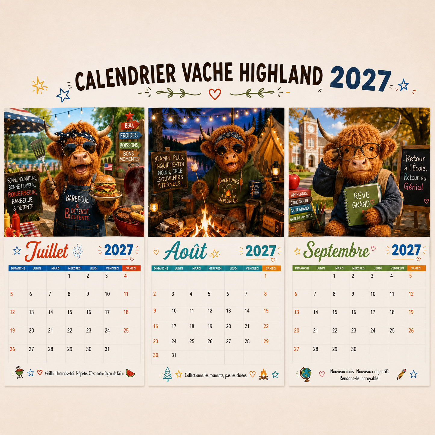 🐮 Calendrier mural 2027 – Drôles de vaches Highland