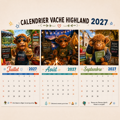 🐮 Calendrier mural 2027 – Drôles de vaches Highland