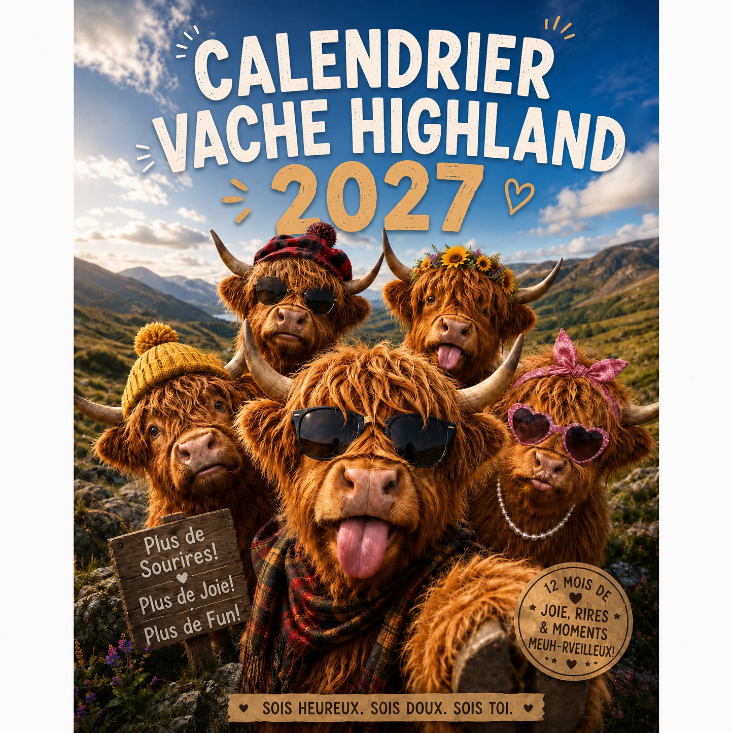 🐮 Calendrier mural 2027 – Drôles de vaches Highland